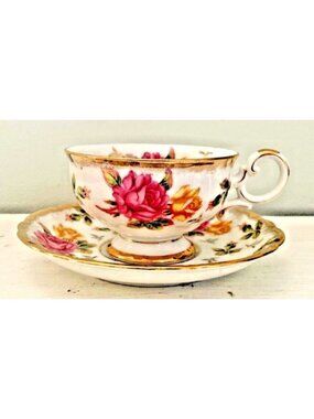 Vintage Shafford Japan Tea Cup & Saucer Floral Roses Gold Trim Fine China